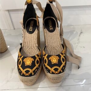 Versace Black and Gold Espadrille Wedges
